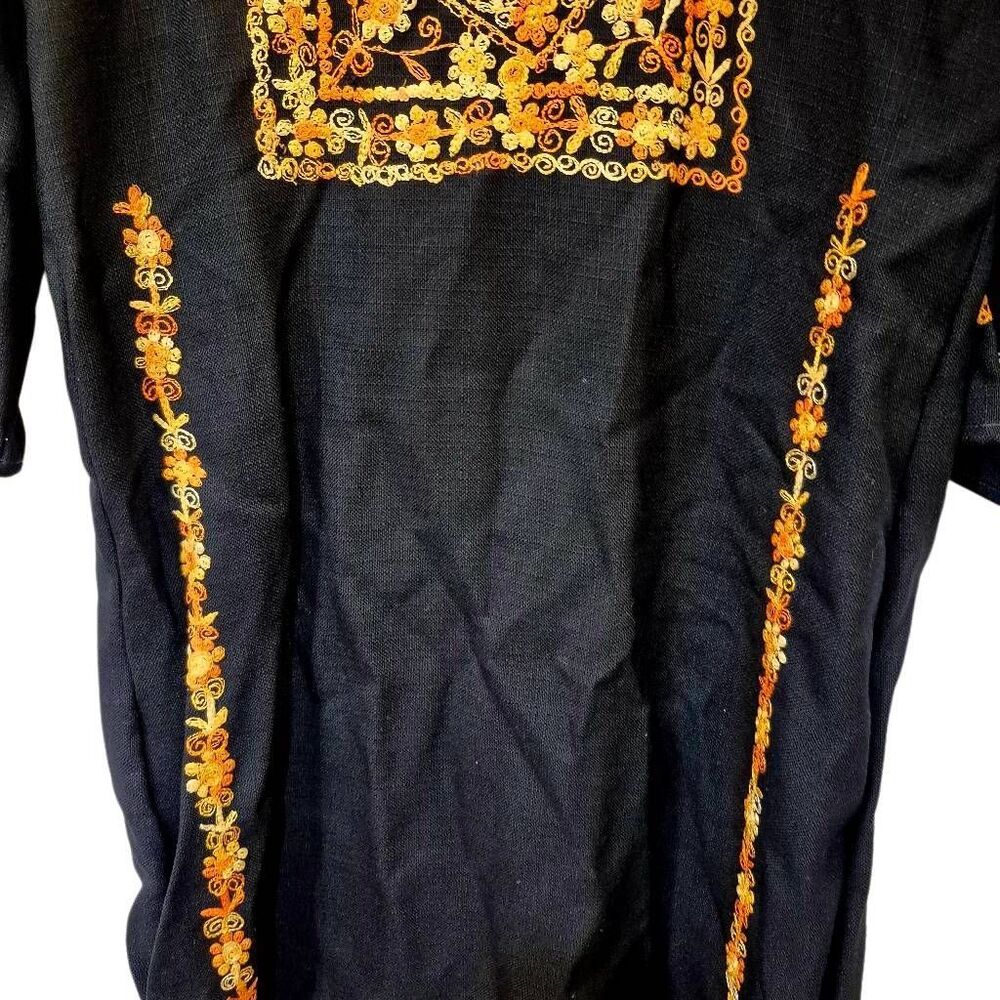 Caftan, Black w Gold & Orange Embroidery Cotton/Poly Textured Tunic Dress NEW w - Picture 10 of 12